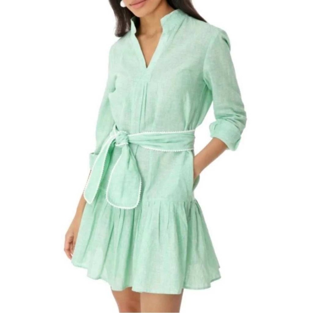 Tuckernuck Dress Womens Small Mint Green Linen Cotton Tiered Mini Belt Preppy